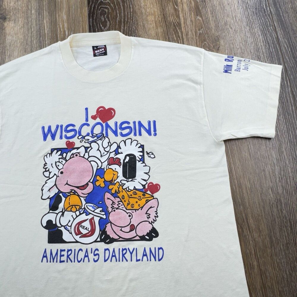Vintage Wisconsin Shirt Mens L White I Love Americas Dairyland Cow Milk Cartoon